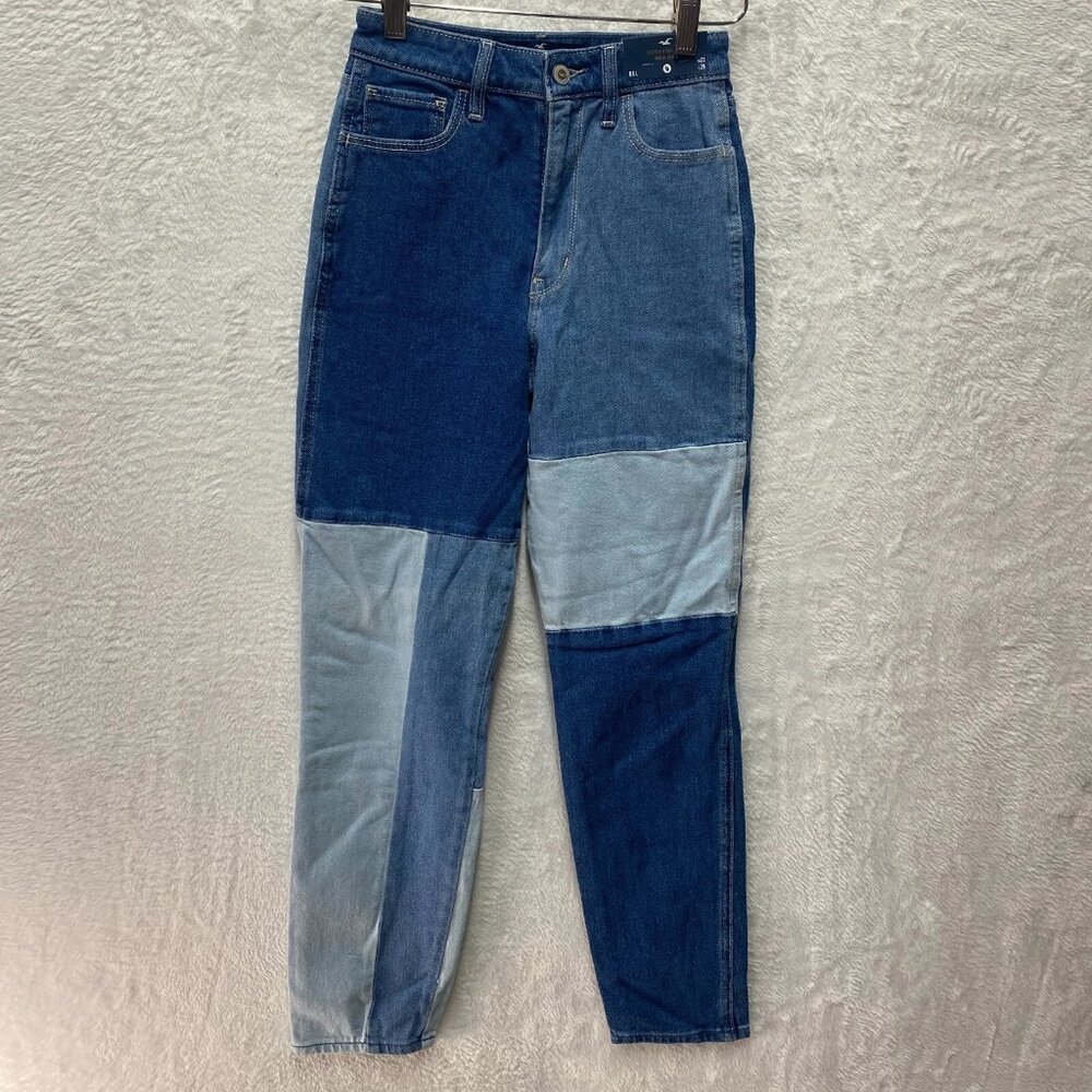 Hollister Ultra High Rise Mom Jeans‎ 00L 23X29 Blue Patchwork Colorblock Stretch